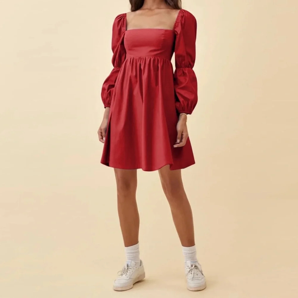 Exlura Square Neck Puff Long Sleeve Red Mini Dress Size Medium A-Line